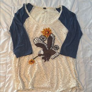 We the Free Lace Raglan Tee w Embroidered Eagle Design